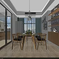 Modern Living and Dining Room Interior With Wooden Dining Table Chairs Pendant Light And Cabinets