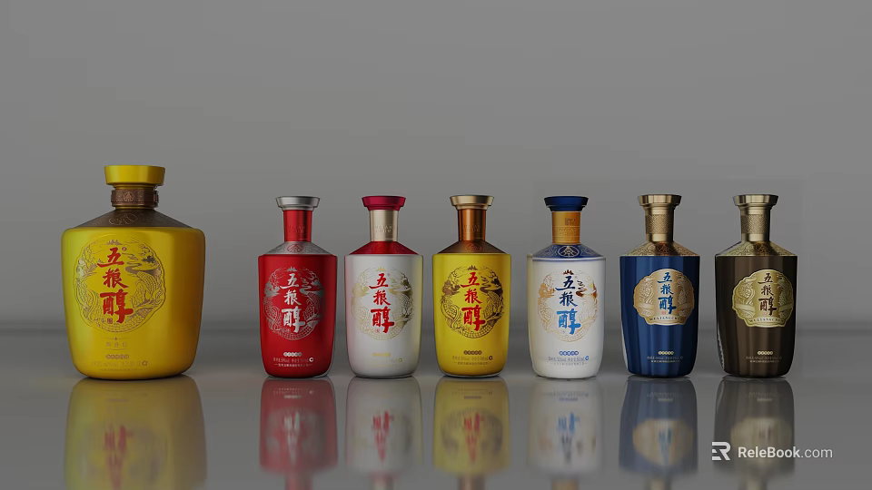 Colorful Wine Bottles And Glassware Display With Diverse Designs On Gray Surface 3d model 