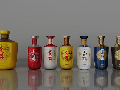 Colorful Wine Bottles And Glassware Display With Diverse Designs On Gray Surface 3d model