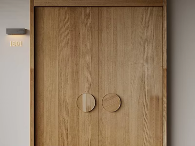 Wooden Double Doors with Round Wooden Handles and 1601 Wall Light in Simple Natural Design 3d model