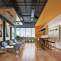 Modern Café Interior Design With Tables Chairs Hanging Lights And Wall Paintings