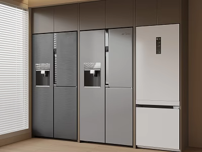 Modern Kitchen Setting Featuring Gray White Refrigerators Freezers Different Styles Window Blinds And Cabinets 3d model