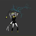 3D Character In Black White Outfit With Yellow Accents And Blue Lightning Energy Holding Weapon