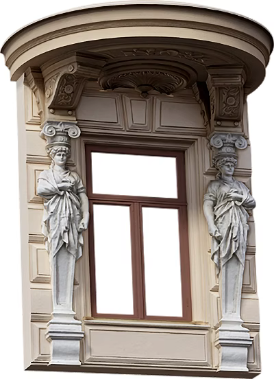 Elegant Casement Window Flanked By Classical Sculptures On Historic Building 3d model