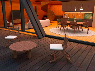 Villa Balcony with Wooden Deck Wooden Chairs White Cushions and Round Table 3d model