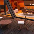 Villa Balcony with Wooden Deck Wooden Chairs White Cushions and Round Table