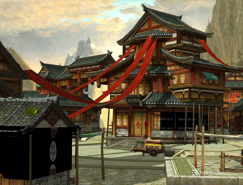 Ancient Chinese Commercial Street With Traditional Curved Roof Buildings And Red Decorations 3d model 
