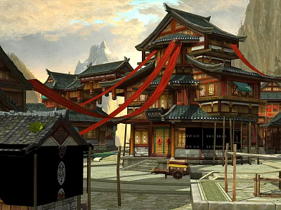 Ancient Chinese Commercial Street With Traditional Curved Roof Buildings And Red Decorations 3d model