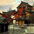 Ancient Chinese Commercial Street With Traditional Curved Roof Buildings And Red Decorations