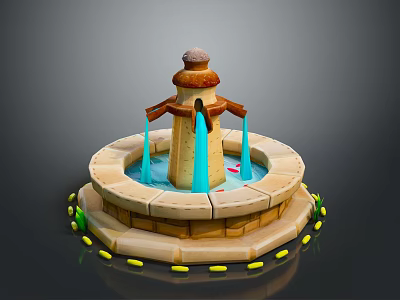 Ornate Stone Fountain With Circular Base Blue Water Flow And Yellow Accents 3d model