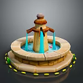 Ornate Stone Fountain With Circular Base Blue Water Flow And Yellow Accents