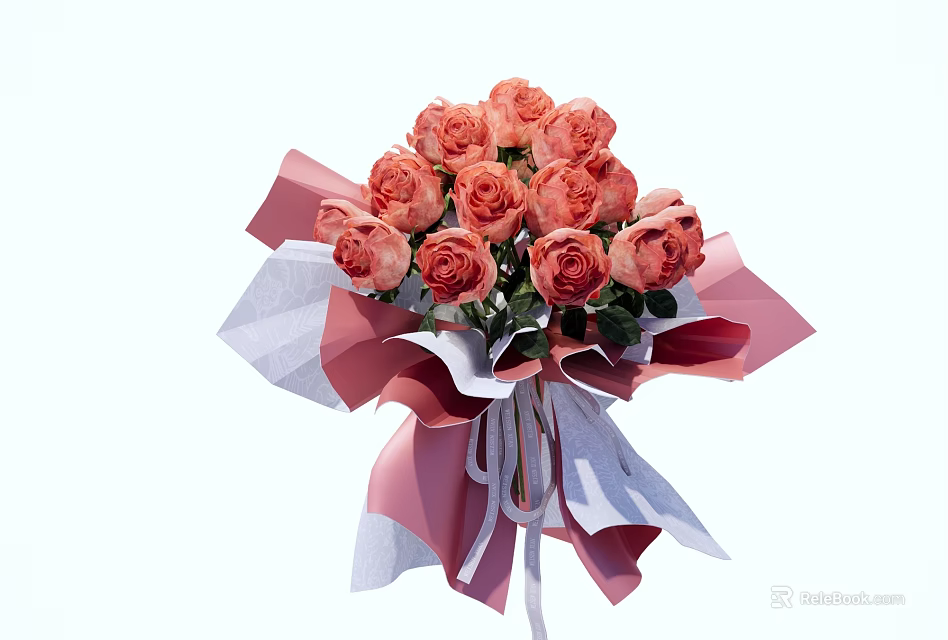 Beautiful Pink Rose Bouquet With Pink And White Wrapping Paper And Green Leaves 3d model 