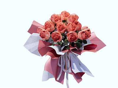 Beautiful Pink Rose Bouquet With Pink And White Wrapping Paper And Green Leaves 3d model