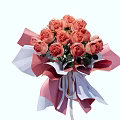 Beautiful Pink Rose Bouquet With Pink And White Wrapping Paper And Green Leaves