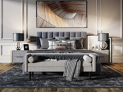 Elegant Double Bed Interior Design With Wall Art Bedside Tables Lamps And Bench 3d model