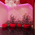 Fantasy Bar Interior with Purple Lighting Circular Decor Large Floral Sculpture and Reflective Floor