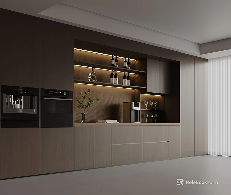 Modern Luxury Home Wine Cabinet With Warm LED Lights And Built In Kitchen Appliances 3d model 