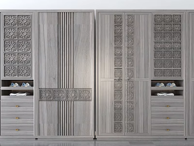 Wooden Wardrobe With Carved Details Drawers And Modern Open Shelves Design 3d model