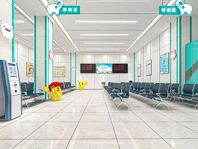 Clean Bright Public Waiting Area with Blue Seats Self Service Kiosk Wall Posters and Signage 3d model