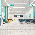 Clean Bright Public Waiting Area with Blue Seats Self Service Kiosk Wall Posters and Signage