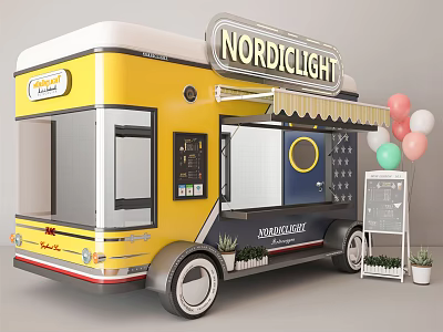 Yellow And White Nordiclight Food Truck With Ultraordinary Sign Balloons And Order Window 3d model
