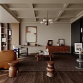 Modern Living Room Interior With Brown Sofa Wooden Floors Coffered Ceiling And Artwork