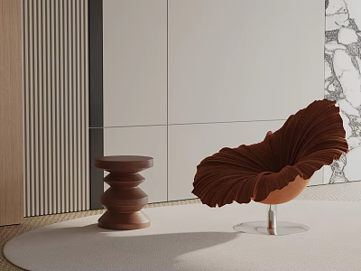Brown Petal Shaped Modern Leisure Chair With Small Side Table And Minimalist Wall 3d model