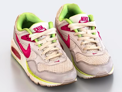 Nike Light Gray Air Max Sneakers With Pink Logo Green Tongue Beige Laces Mesh Design 3d model