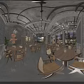 Industrial Style Restaurant Interior With Wooden Tables Chairs And Hanging Pendant Lights