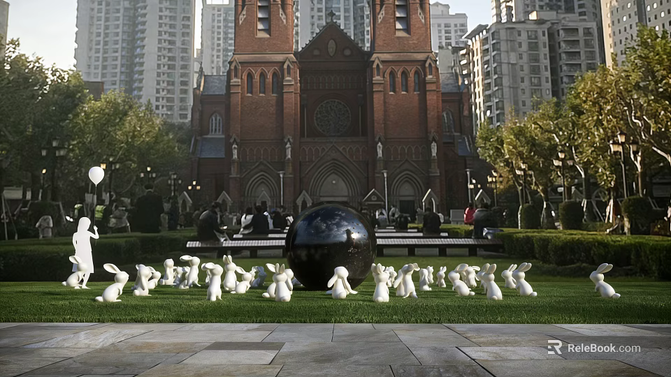 Outdoor Landscape Sculptures With Black Sphere And White Rabbits On Lawn Near Red Brick Building 3d model 