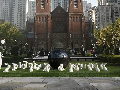 Outdoor Landscape Sculptures With Black Sphere And White Rabbits On Lawn Near Red Brick Building 3d model