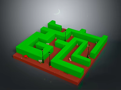Green Maze Structure With Red Base Street Lamps And Night Sky Elements 3d model