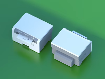 Two Modern White Desktop Printers With Paper Output Tray On Green Background 3d model