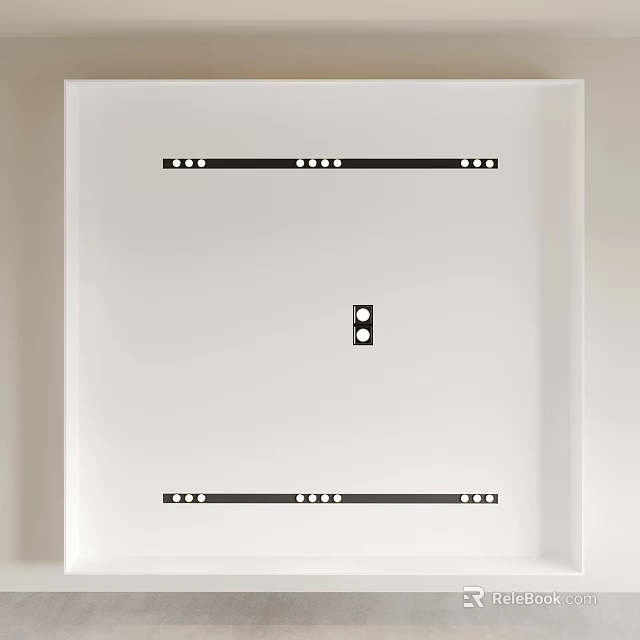 Downlights and Spotlights Arranged in Rows on White Ceiling with Black Strips 3d model 