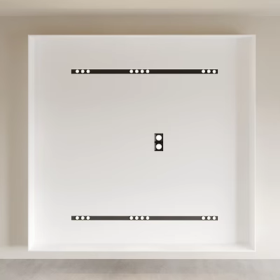 Downlights and Spotlights Arranged in Rows on White Ceiling with Black Strips 3d model