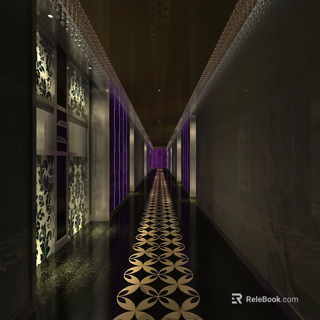 KTV Corridor Interior Design Featuring Decorative Walls Purple Lighting And Patterned Carpet 3d model