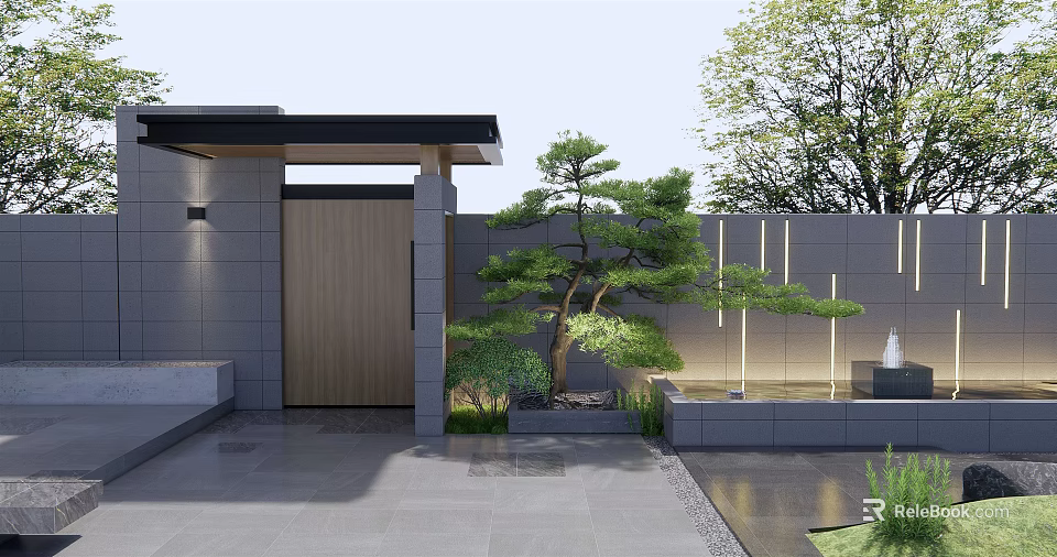 Modern Garden Feature Wall Design With Pine Tree Water Feature And Lighting 3d model 