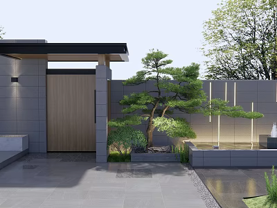 Modern Garden Feature Wall Design With Pine Tree Water Feature And Lighting 3d model