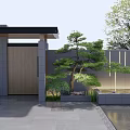 Modern Garden Feature Wall Design With Pine Tree Water Feature And Lighting 3d model