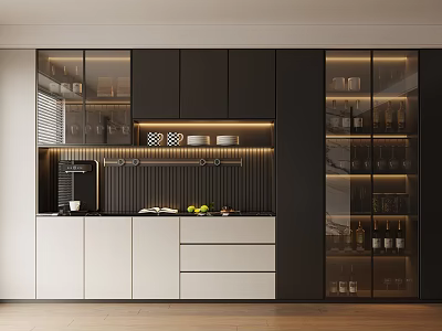 Modern Kitchen Wine Cabinet With Glass Doors Black White Storage For Wine Bottles And Glasses 3d model