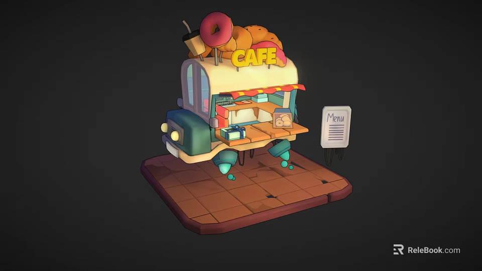 Cartoon Cafe Truck Scene With Donut On Top Awning Menu Board And Brick Floor 3d model 