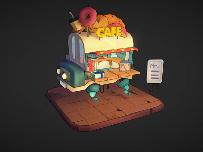 Cartoon Cafe Truck Scene With Donut On Top Awning Menu Board And Brick Floor 3d model