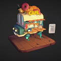 Cartoon Cafe Truck Scene With Donut On Top Awning Menu Board And Brick Floor