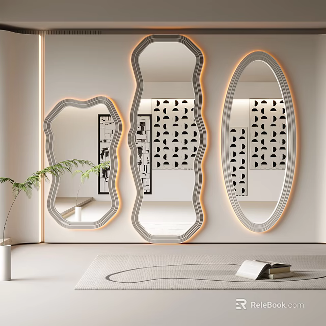 Decorative Wall Mirrors With LED Lighting Different Shapes And Patterned Background In Modern Interior 3d model