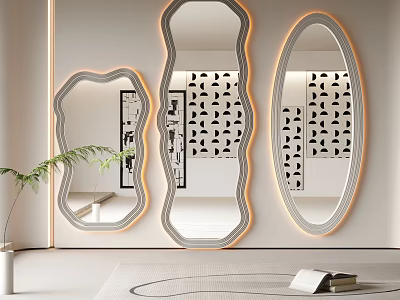 Decorative Wall Mirrors With LED Lighting Different Shapes And Patterned Background In Modern Interior 3d model
