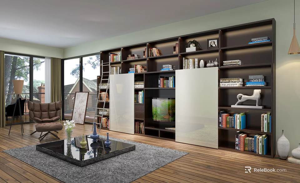 Modern Living Room Multi tiered Bookcase With Dark Wood Shelves Books Decorations And Fish Tank 3d model 