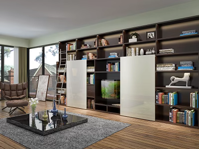Modern Living Room Multi tiered Bookcase With Dark Wood Shelves Books Decorations And Fish Tank 3d model