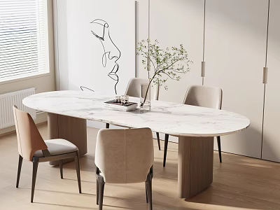 Modern Oval Dining Table Set With Marble Top Upholstered Chairs Green Plant Abstract Painting 3d model