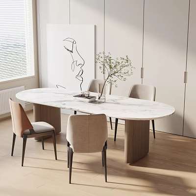 Modern Oval Dining Table Set With Marble Top Upholstered Chairs Green Plant Abstract Painting 3d model