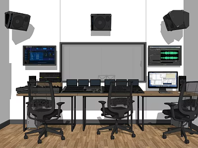Black Wall Mounted Speakers In Modern Recording Studio With Desks Computers And Gear 3d model